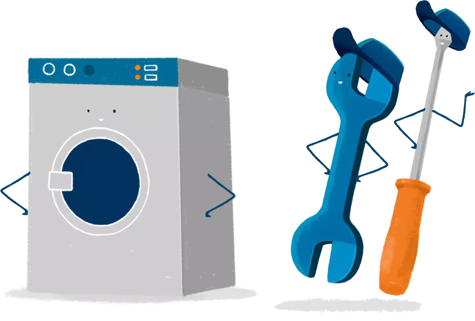 dibujos animados de una lavadora, un destornillador y una llave de dos bocas