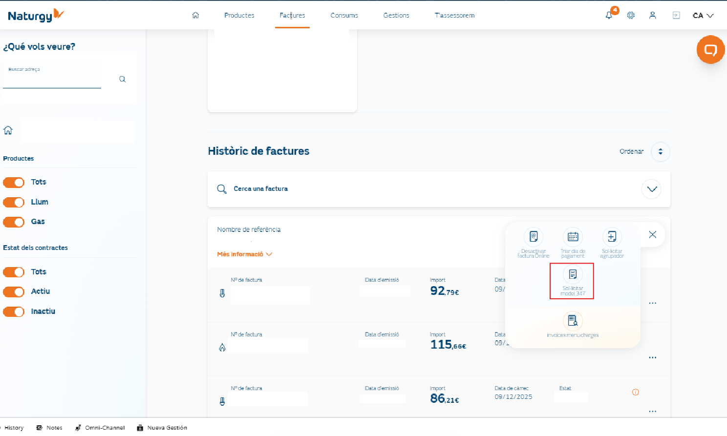 Menú principal del Área Clientes de Naturgy con opciones destacadas para solicitar el Modelo 347