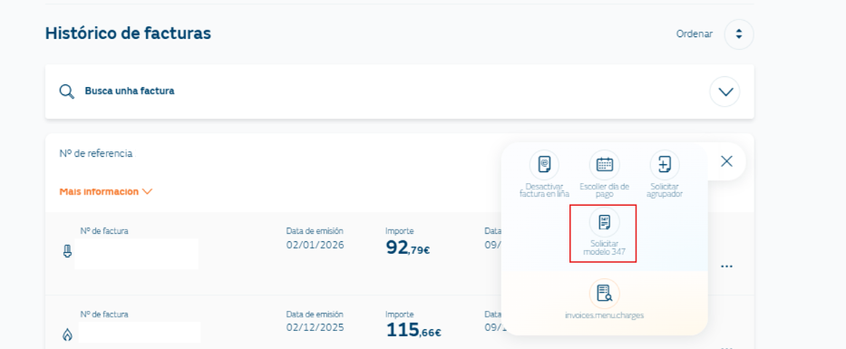 Menú principal del Área Clientes de Naturgy con opciones destacadas para solicitar el Modelo 347