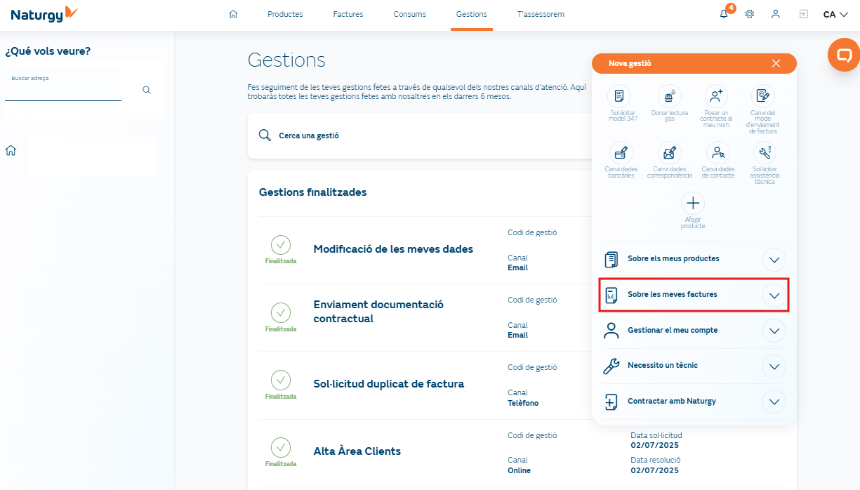 Pantalla de selección de la opción ‘Solicitar Modelo 347’ dentro del menú de facturas o gestiones del Área Clientes.