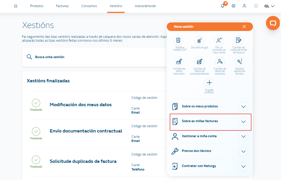 Pantalla de selección de la opción ‘Solicitar Modelo 347’ dentro del menú de facturas o gestiones del Área Clientes.