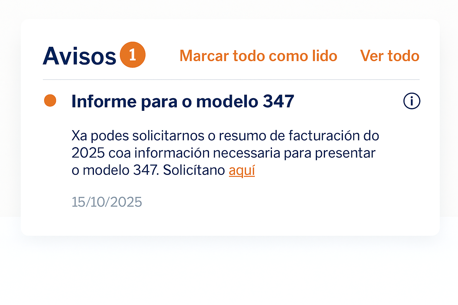 Ejemplo de notificación clicable en el Área Clientes de Naturgy para acceder directamente a la solicitud del Modelo 347.