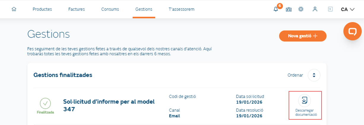 Solicitar Modelo 347 Paso 3 Sección de ‘Gestiones’ mostrando el informe solicitado para descargar del Modelo 347.