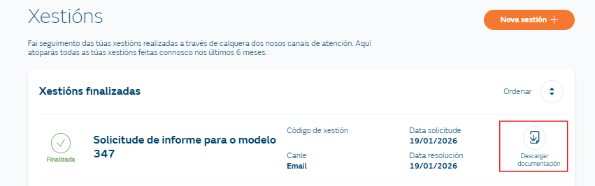 Sección de ‘Gestiones’ mostrando el informe solicitado para descargar del Modelo 347.